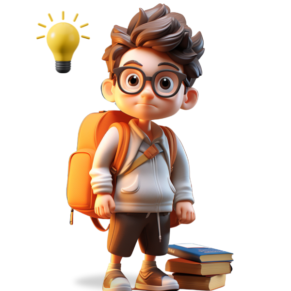 a cute boy standing with books and some creative ideas