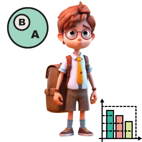 a little boy standing with bagpack having some mathematiclas questions around
