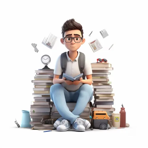 a boy sitting on a bunch of papers with book in hands