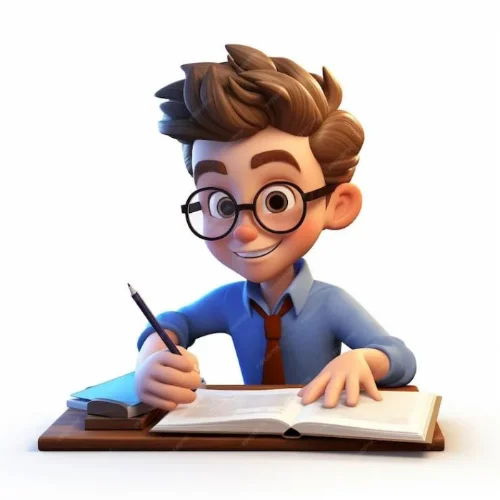 a boy wearing glasses writing book